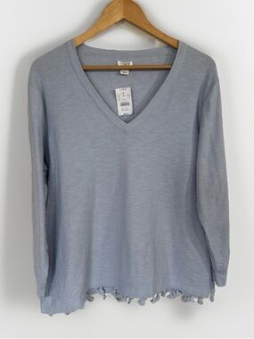 J Crew Light Blue Tassel Trim Blouse Large V Neck Long Sleeve NWT